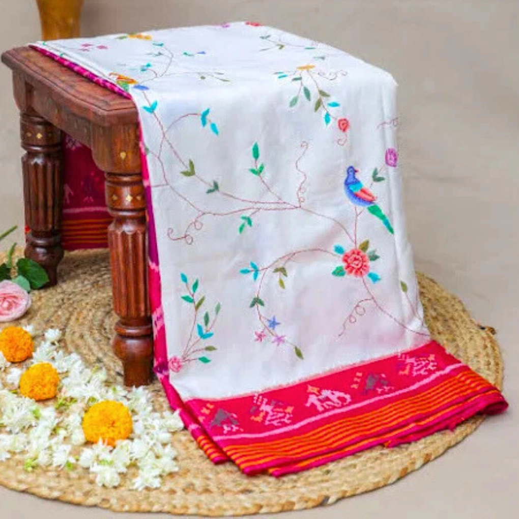 White & Pink Patola Saree