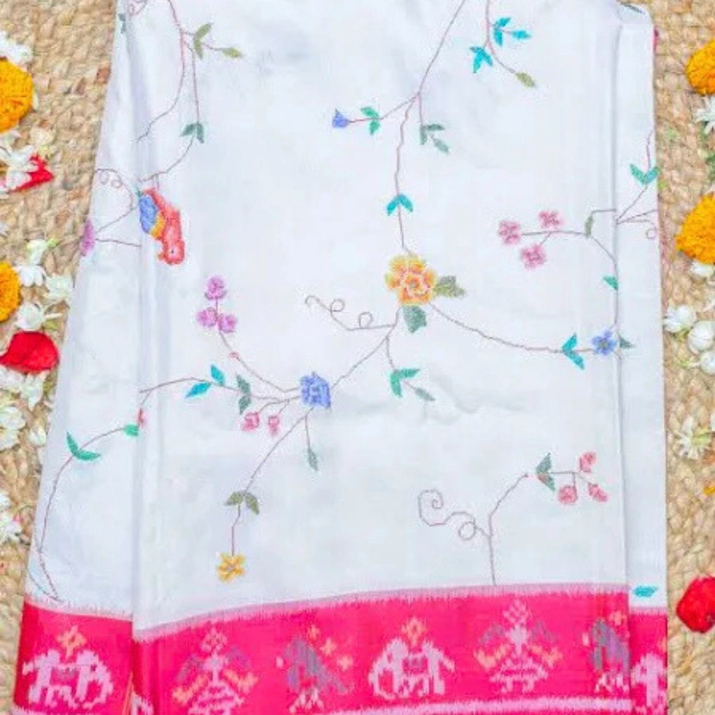 White & Pink Patola Saree - Image 2