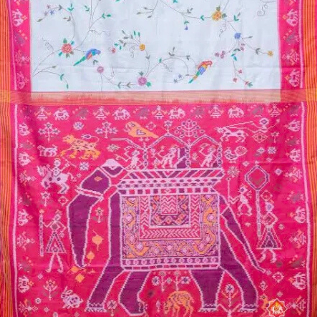 White & Pink Patola Saree - Image 4