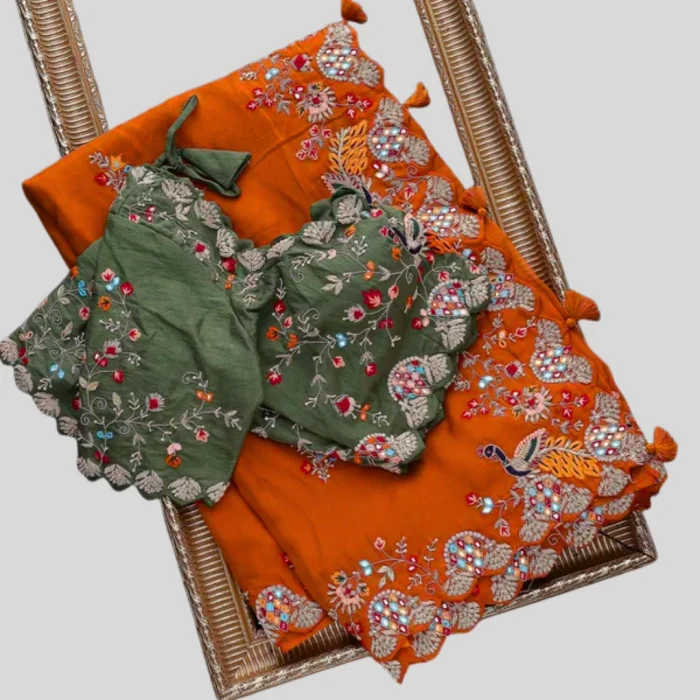 Orange & Olive Green Zari Work Saree