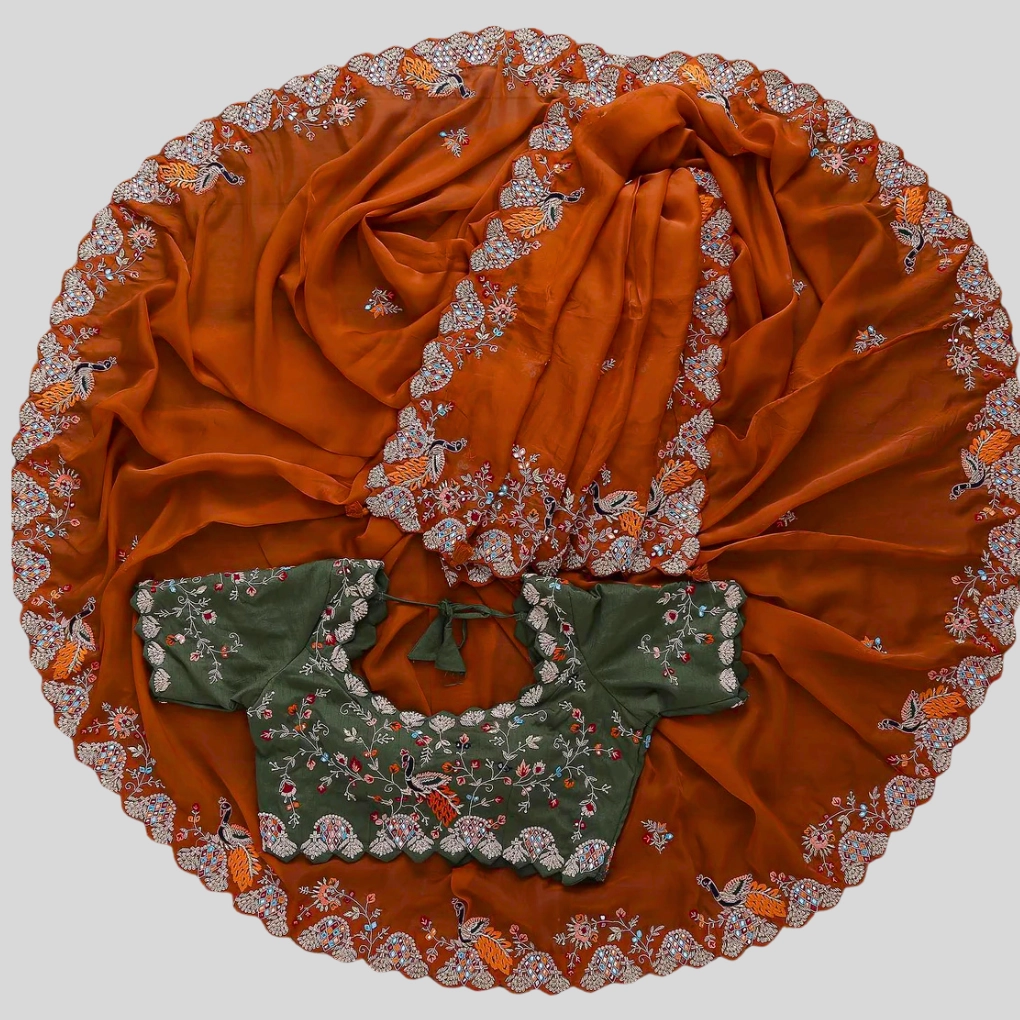 Orange & Olive Green Zari Work Saree - Image 2