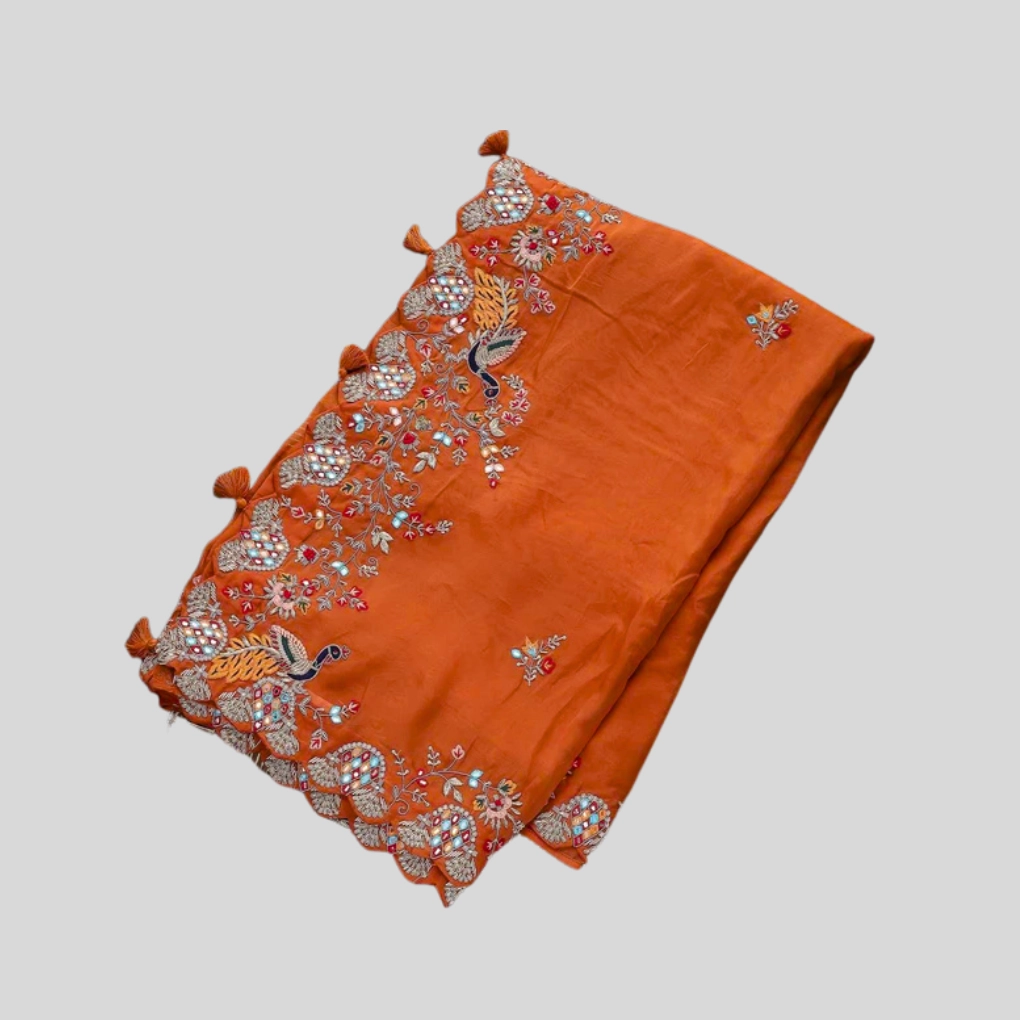 Orange & Olive Green Zari Work Saree - Image 3