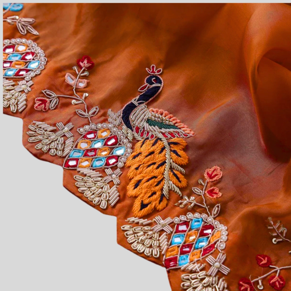 Orange & Olive Green Zari Work Saree - Image 4